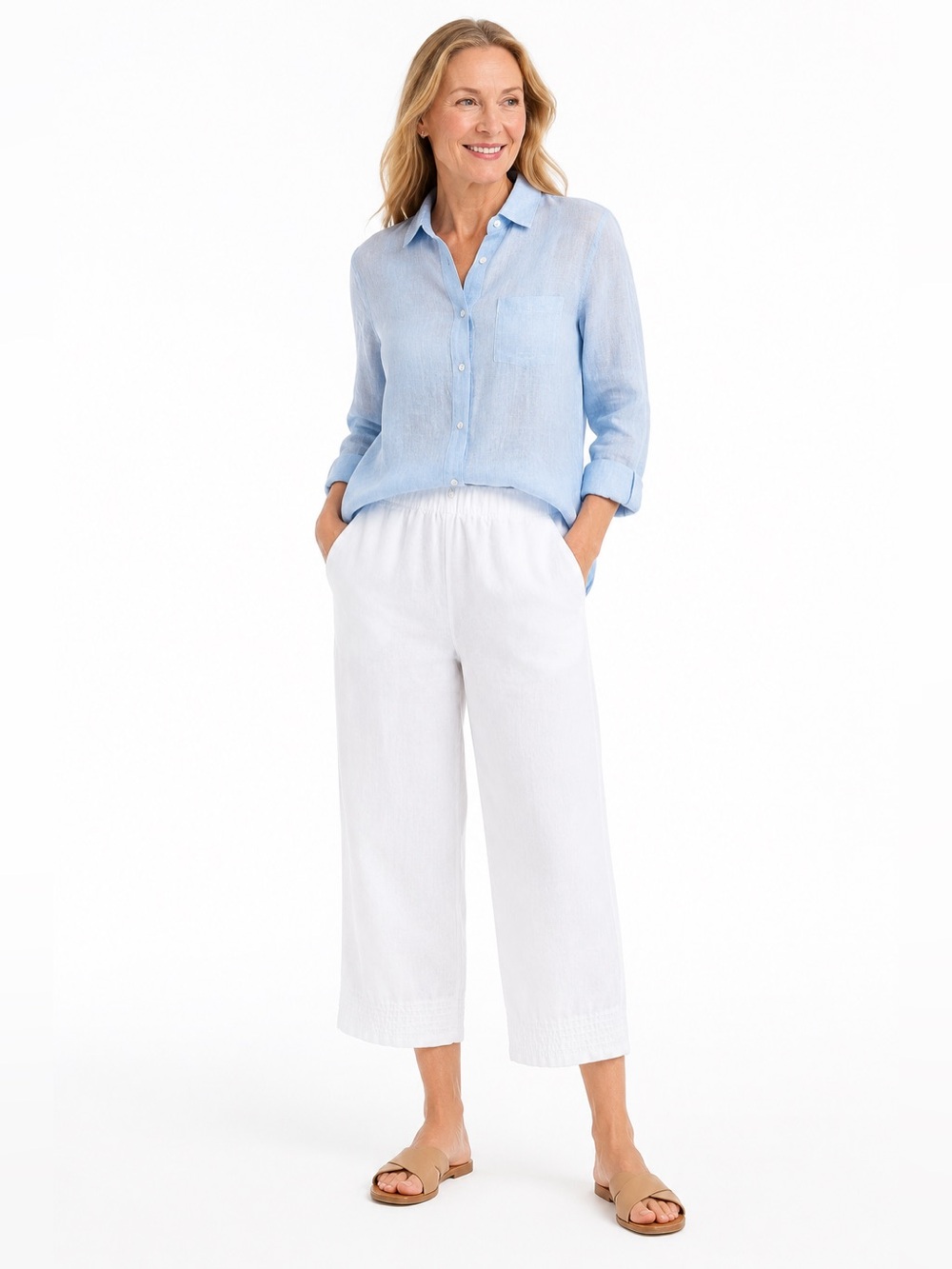 Pure Jill White 100% Linen Pull On Crop Pants Elastic Waist Pockets M